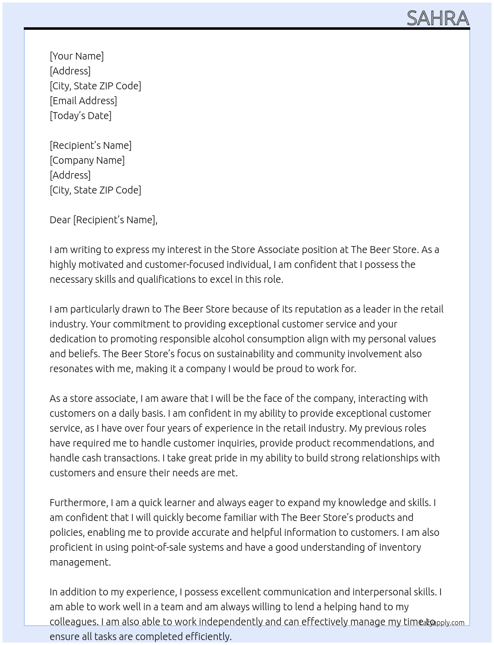 store associate At the beer store Cover Letter