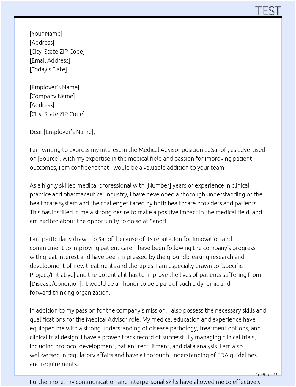 Medical Advisor At Sanofi Cover Letter