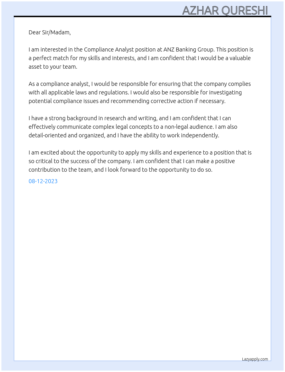 Compliance Analyst At ANZ Banking Group Cover Letter