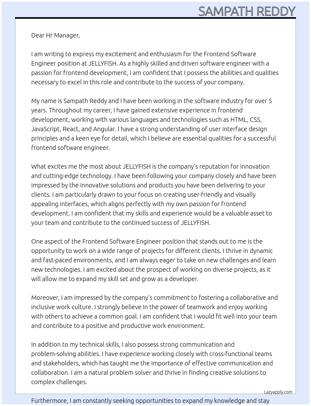 Frontend Software Engineer At JELLYFISH Cover Letter