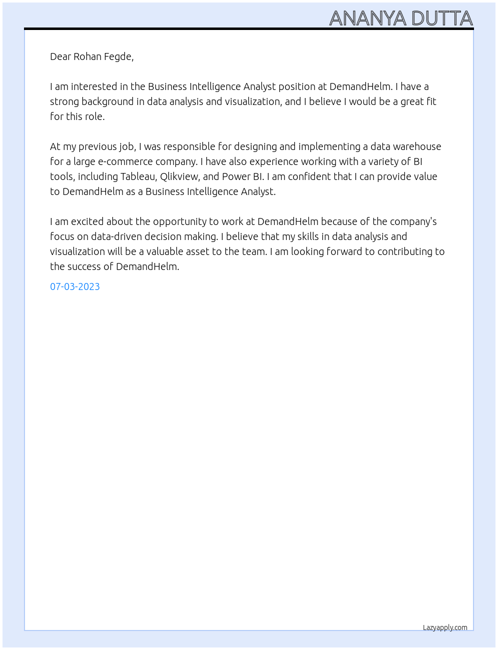 Business Intelligence Analyst At DemandHelm Cover Letter