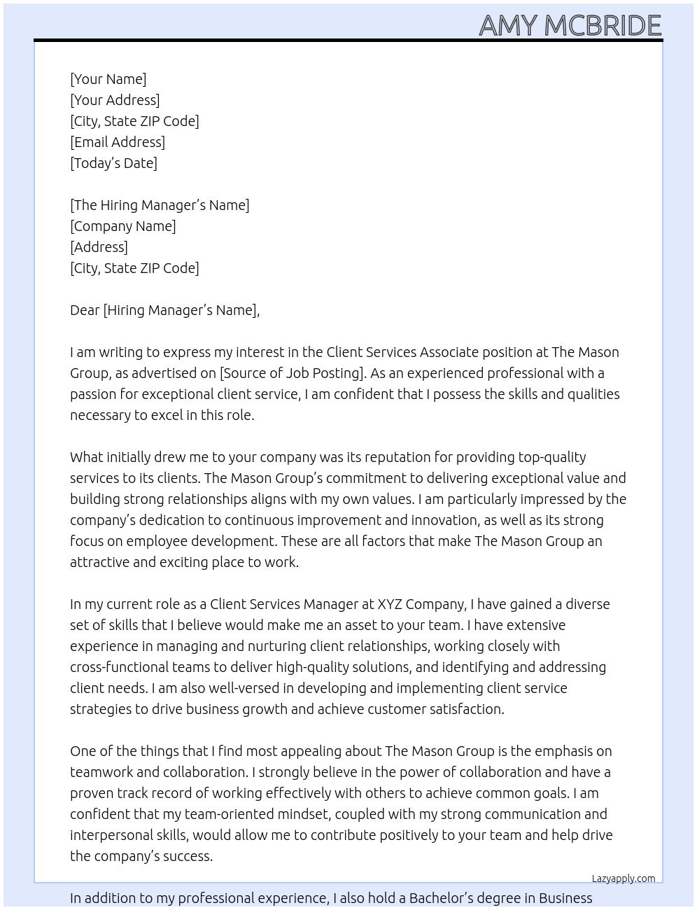 Client Services Associate At The Mason Group Cover Letter