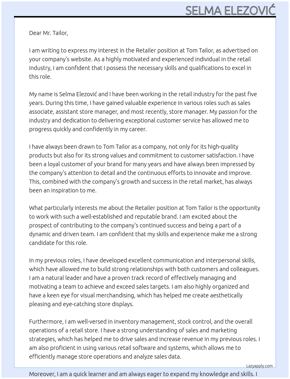 Retailer At Tom Tailor Cover Letter