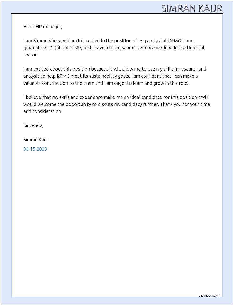 esg analyst At KPMG Cover Letter