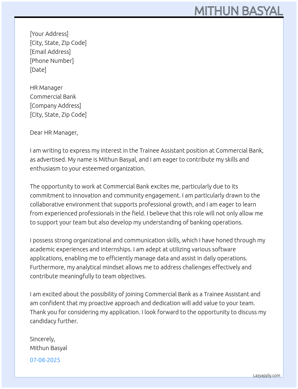 Trainee Assistant At Commercial Bank Cover Letter