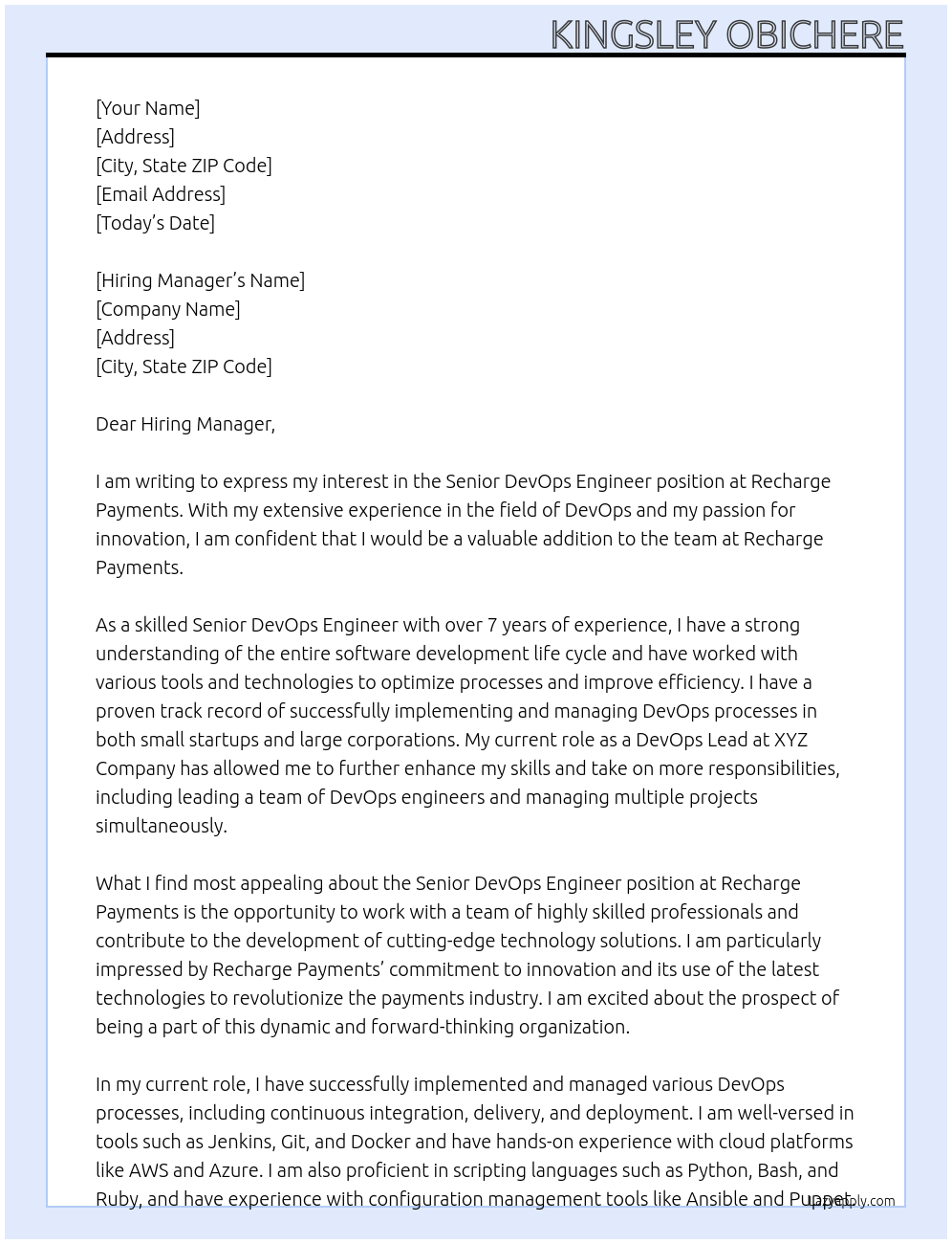 Senior DevOps Engineer At Recharge Payments Cover Letter