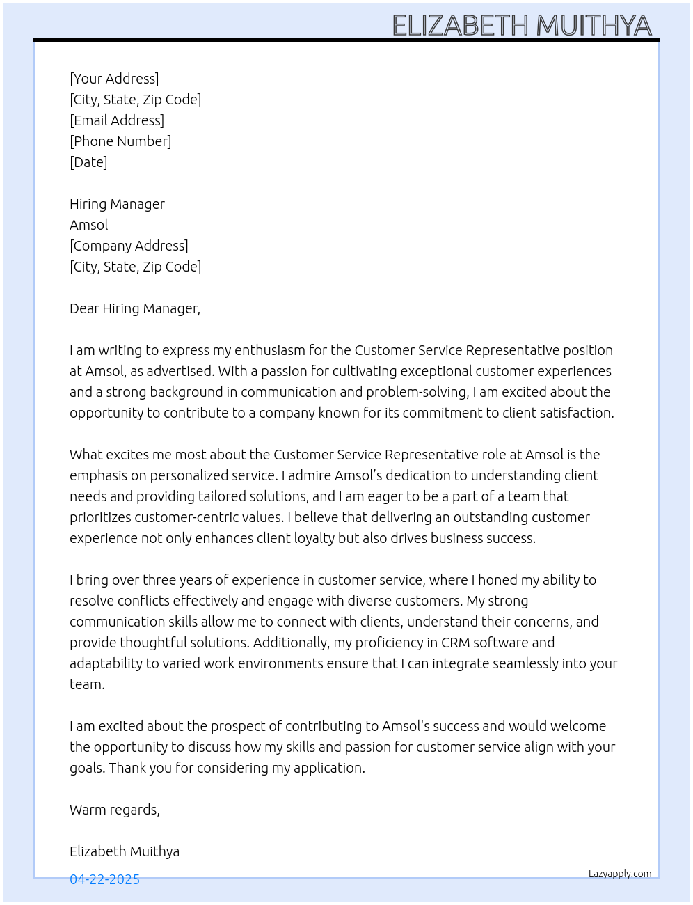 Customer service representative At Amsol Cover Letter