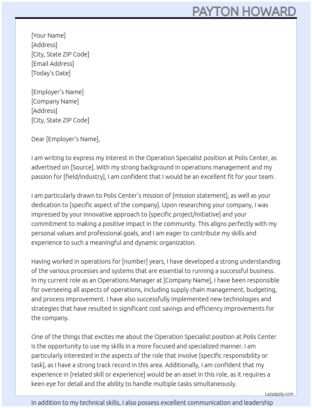 Operation specialist  At Polis center Cover Letter