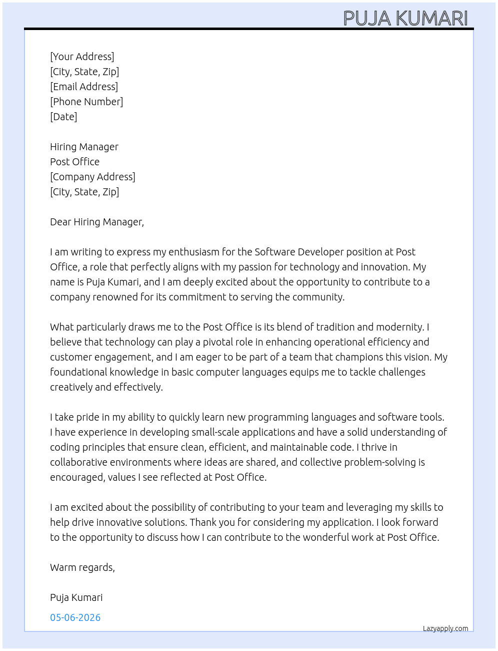 Cover letter for software developer - LazyApply