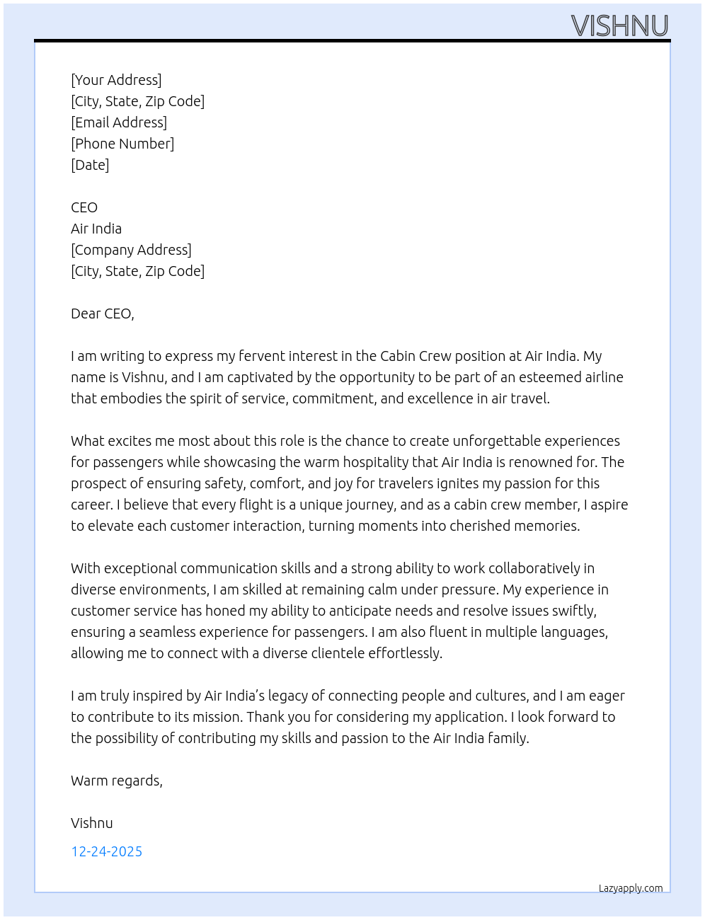  CABIN CREW  At AIR INDIA  Cover Letter