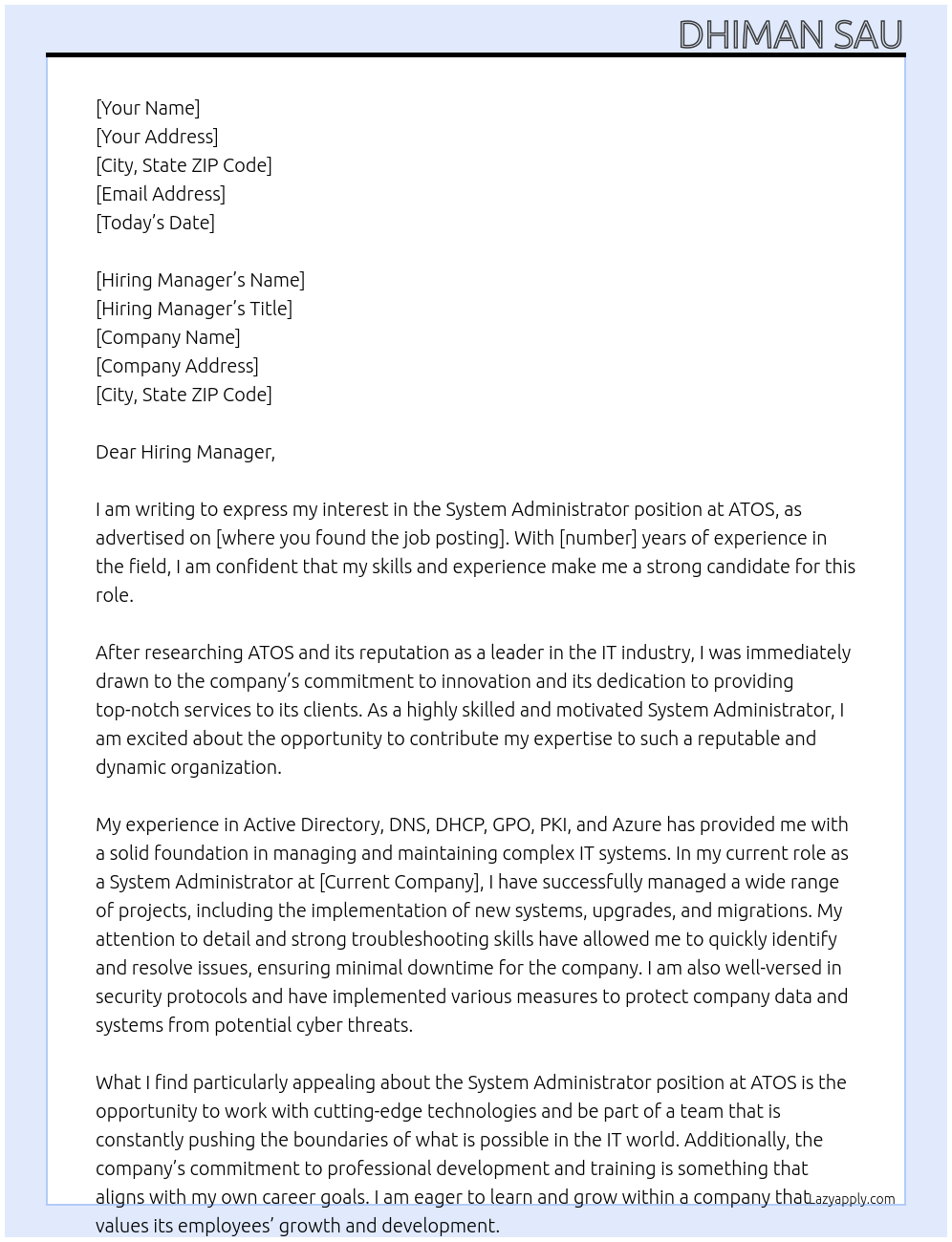 System Administrator At ATOS Cover Letter