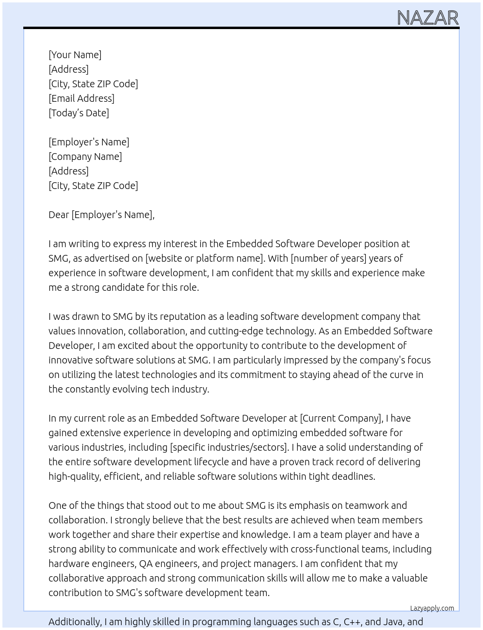 Embedded Software Developer At SMG Cover Letter