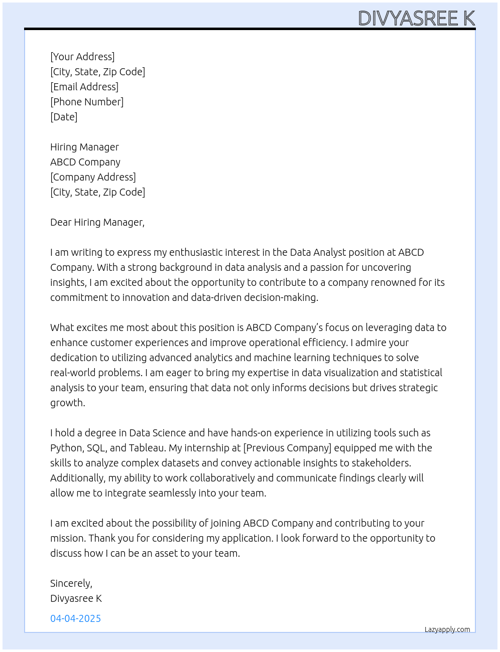 Cover letter for data analys - LazyApply