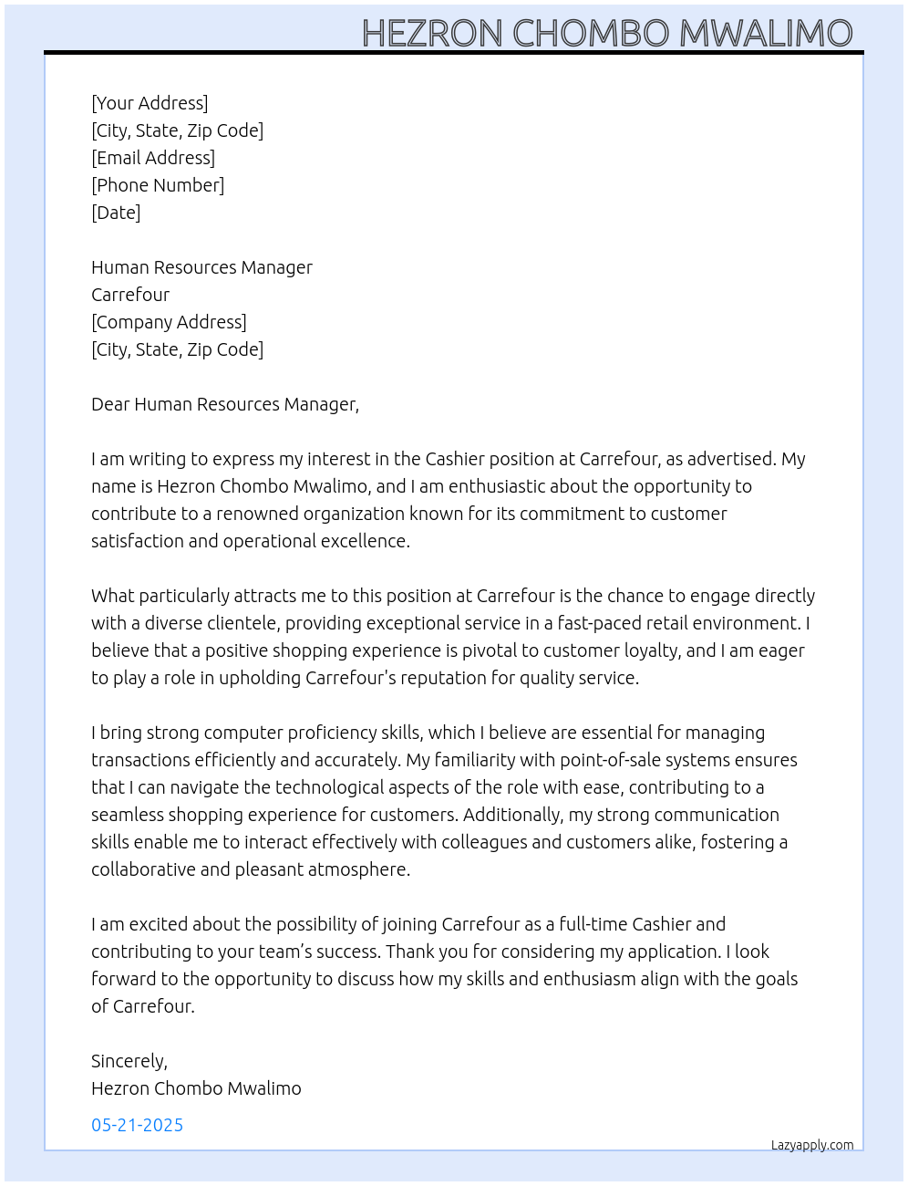 Cashier At Carrefour Cover Letter