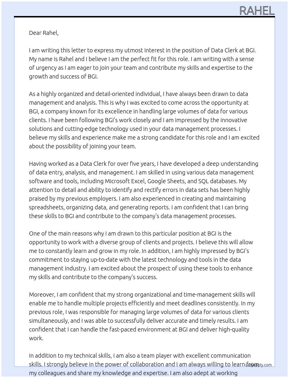 data clerk At BGI Cover Letter