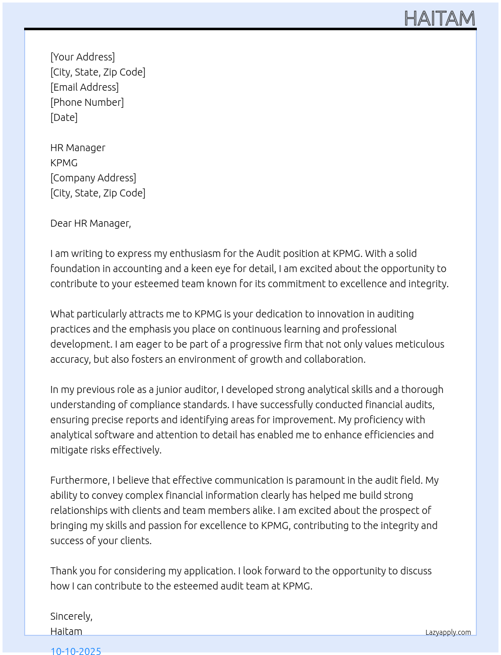 Audit At KPMG Cover Letter