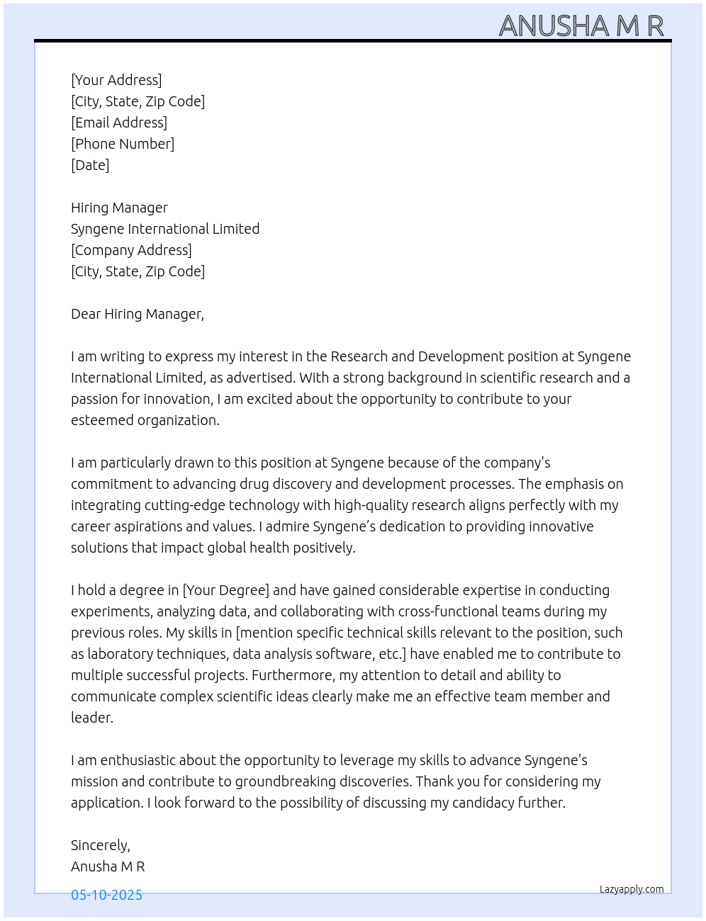 Research and Development At Syngene International Limited Cover Letter