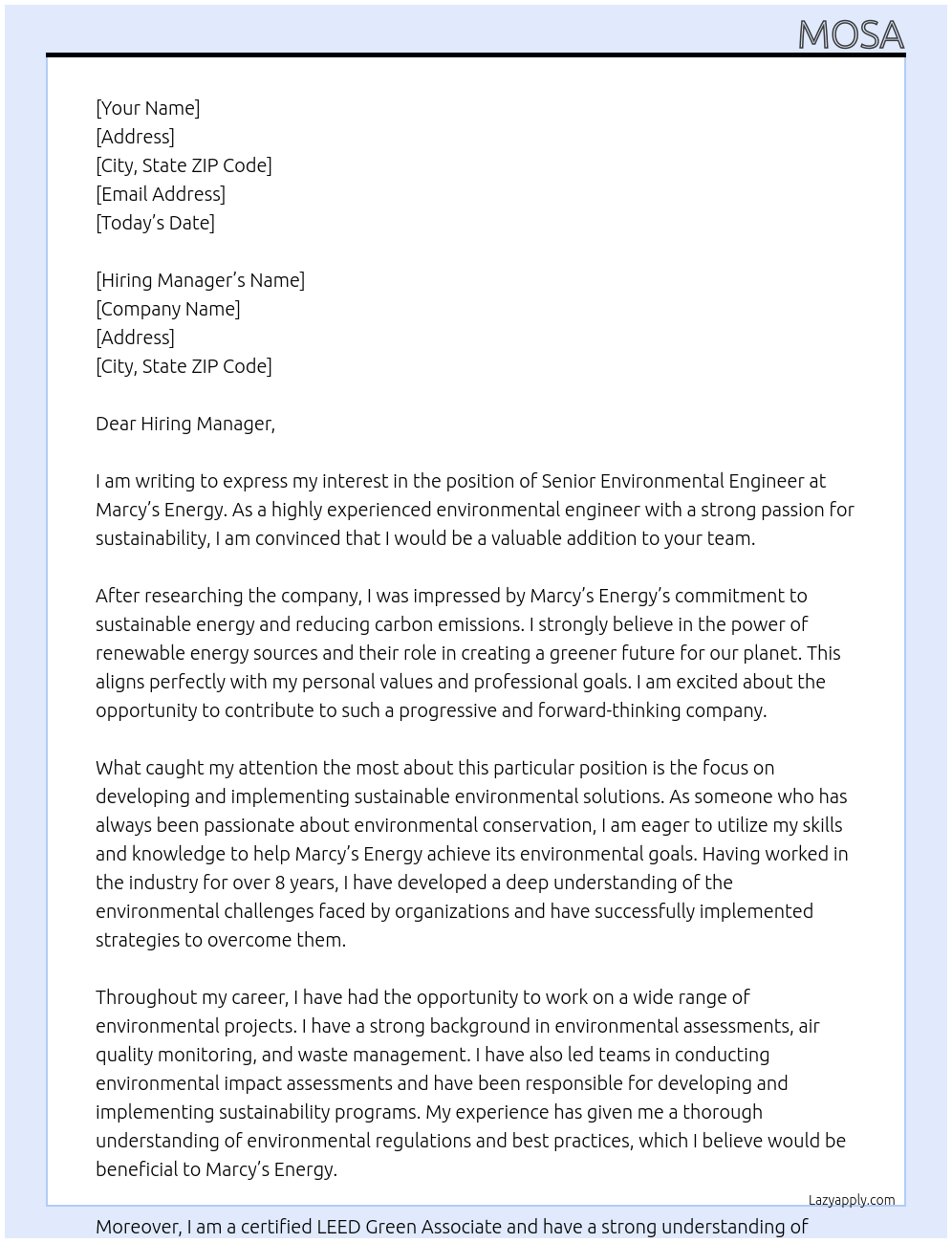Senior Environmental Engineer At Marcys Energy Cover Letter