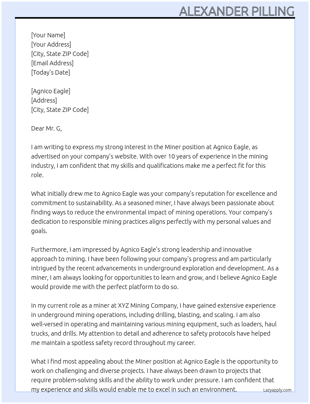 Miner At agnico eagle Cover Letter