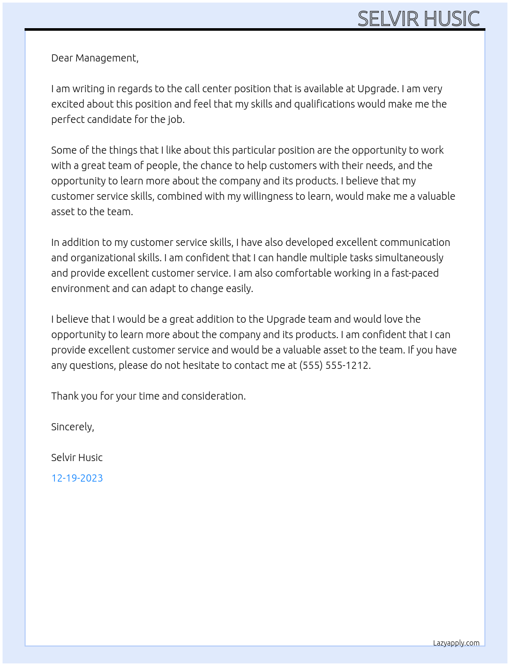 Call center At Upgrade Cover Letter