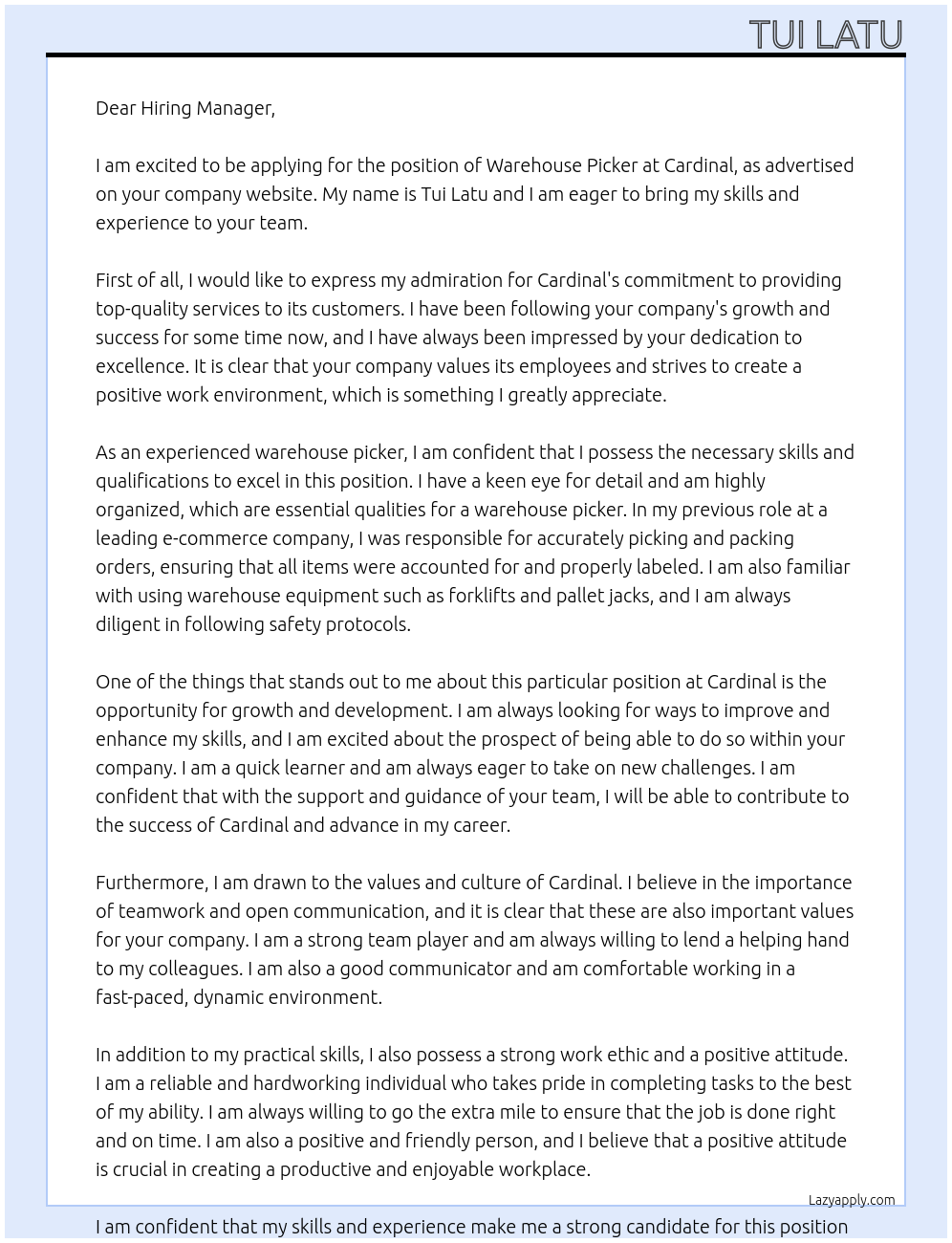 Warehouse picker At Cardinal Cover Letter