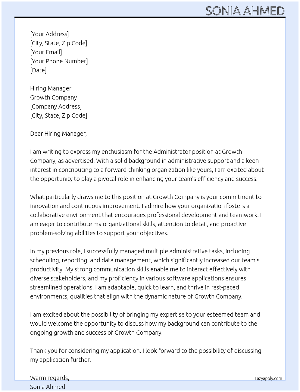administrator At Growth Company Cover Letter