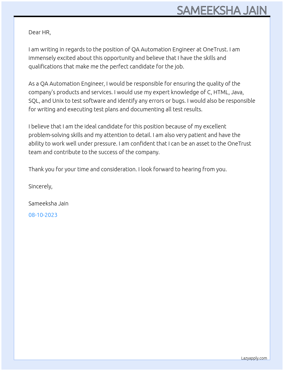 QA Automation Engineer  At OneTrust Cover Letter
