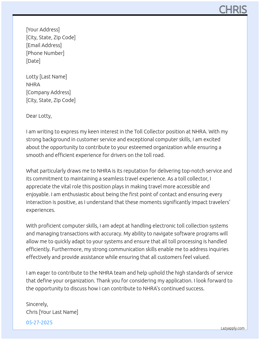 Cover letter for toll collector - LazyApply