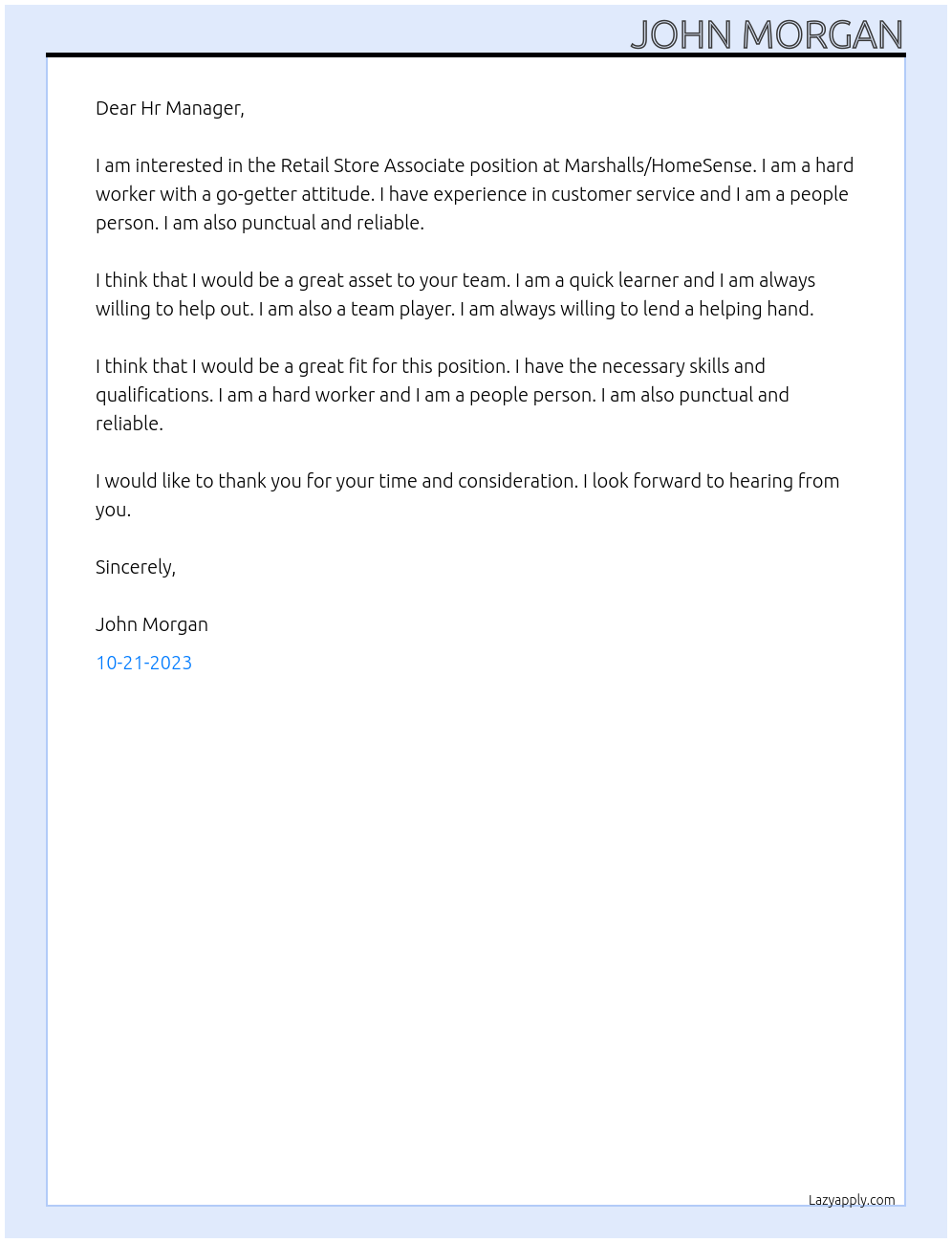 Retail Store Associate At Marshalls/HomeSense Cover Letter