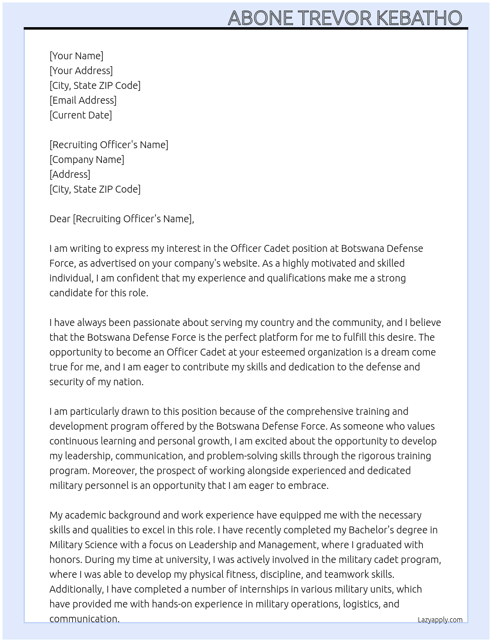 Officer Cadet At Botswana Defense Force Cover Letter