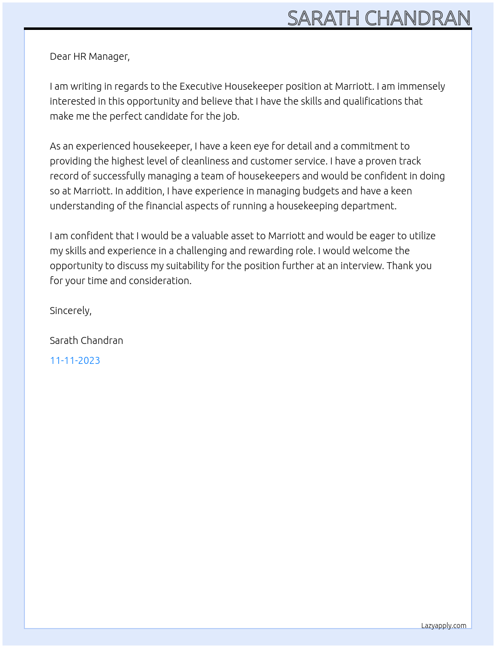 Executive Housekeeper At Marriott Cover Letter
