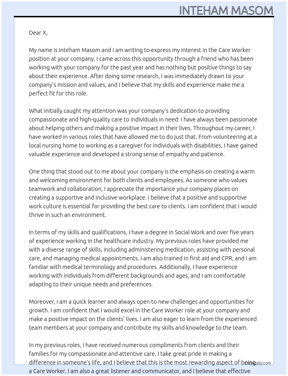 Care Worker At x Cover Letter