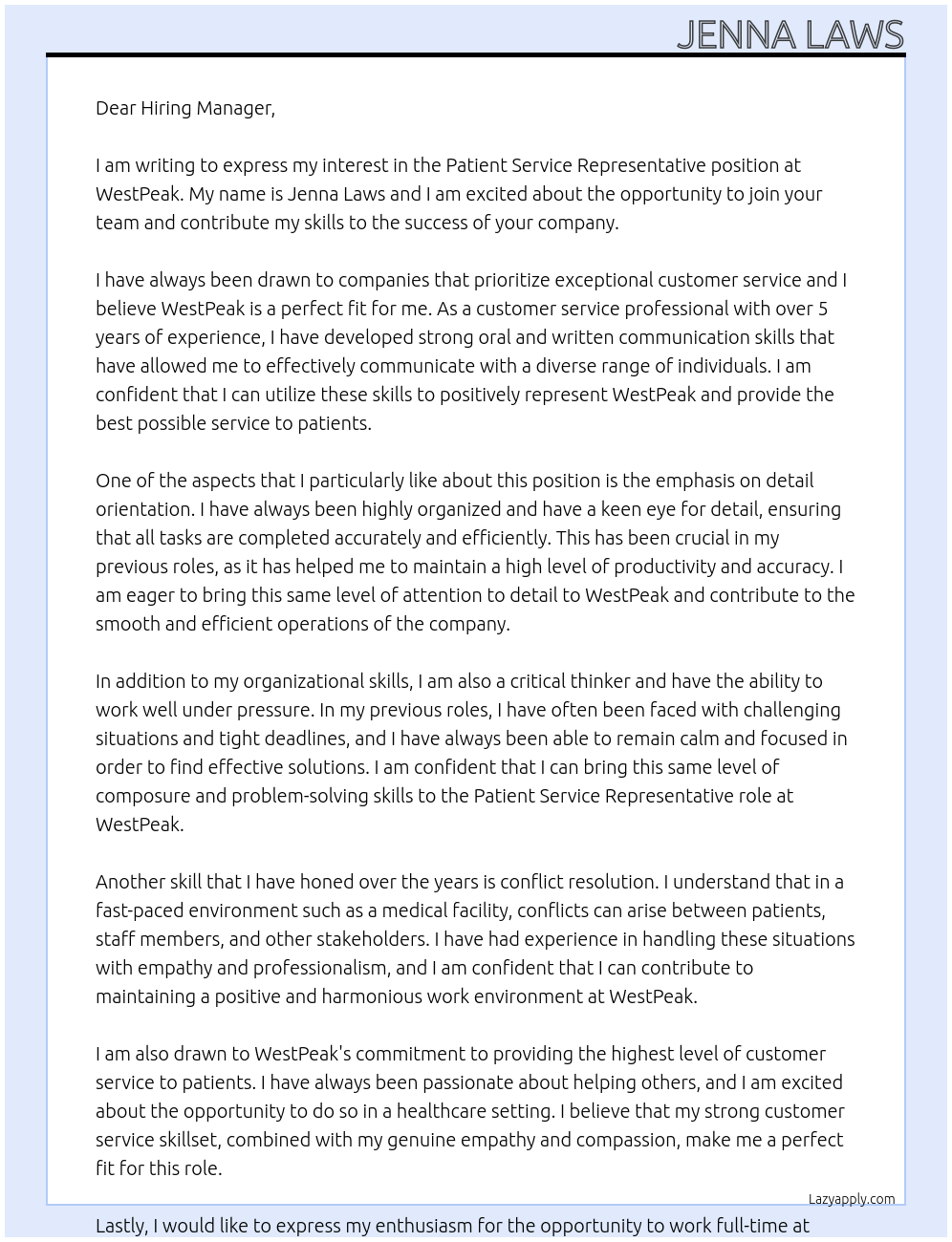 Patient Service Representative At WestPeak Cover Letter