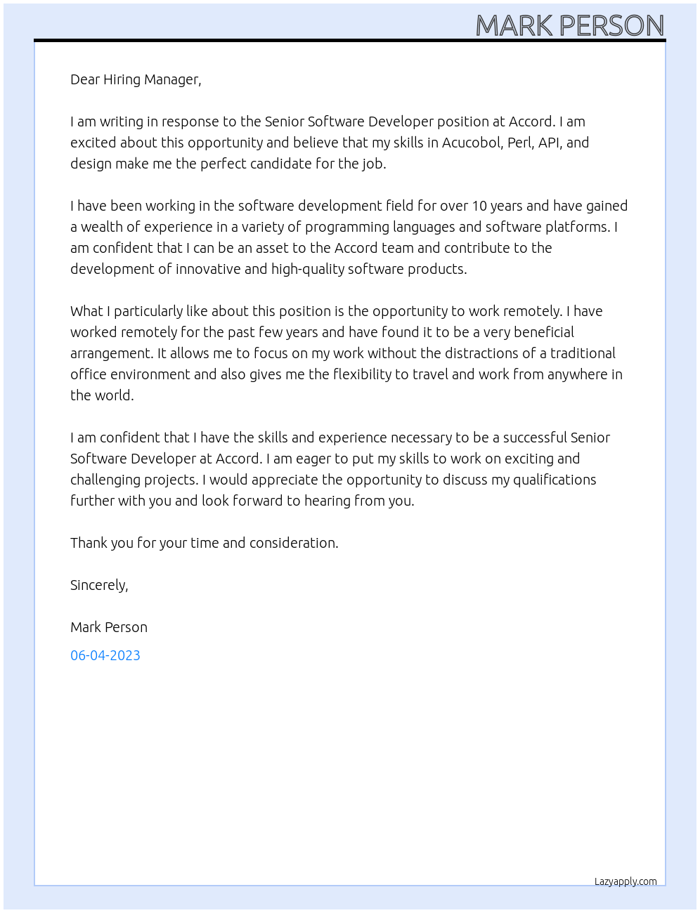 Senior Software Developer At Accord Cover Letter