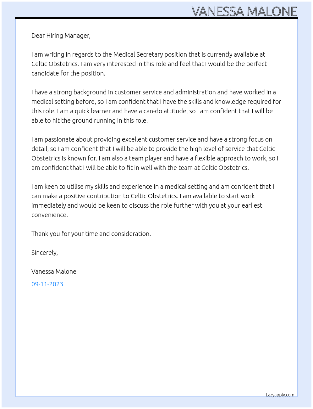 Medical Secretary At Celtic Obstetrics Cover Letter