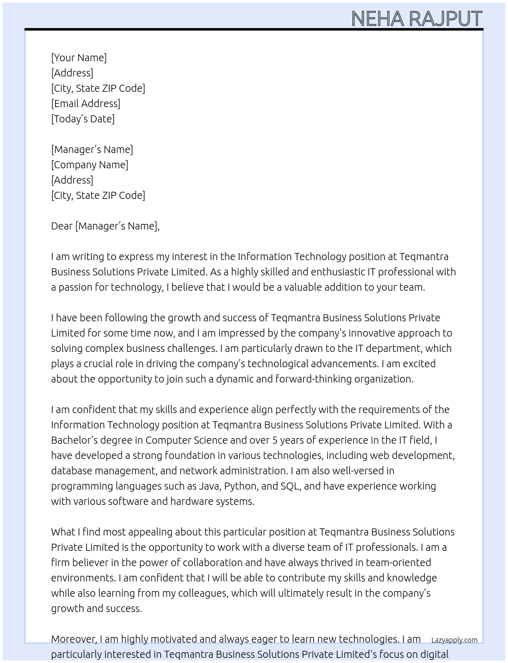 information technology At Teqmantra Business Solutions Private Limited Cover Letter