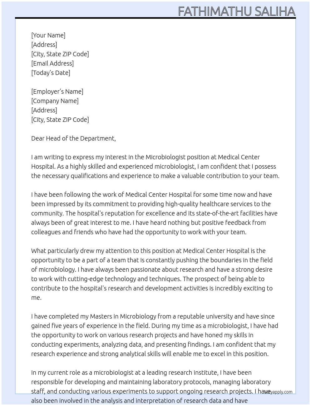 Microbiologist At Medical Center hospital Cover Letter