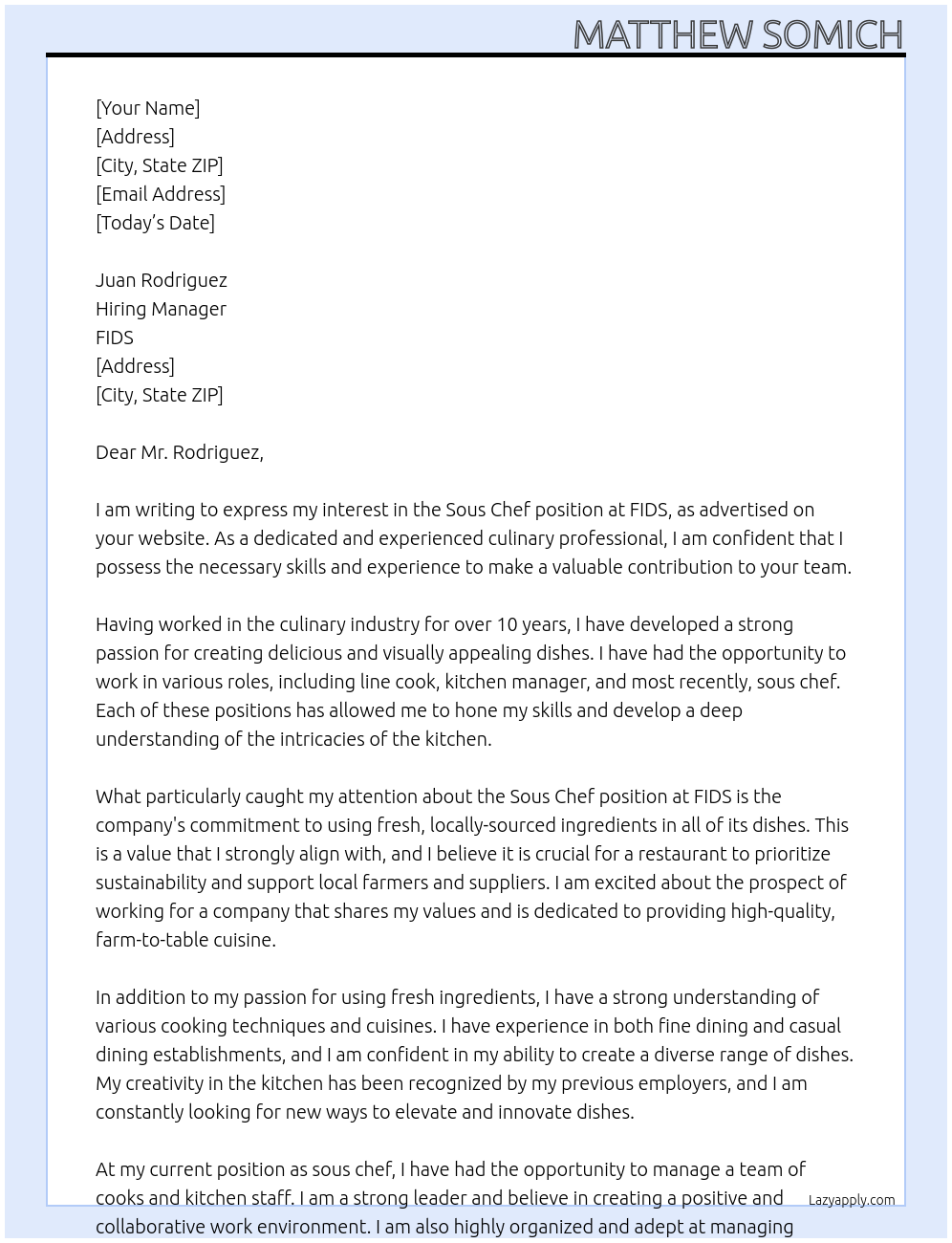 Sous Chef At FIDS Cover Letter