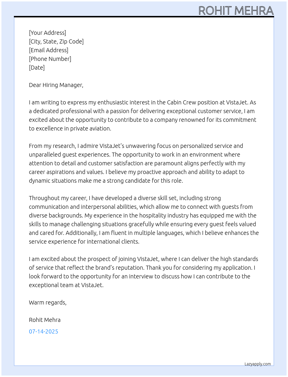 Cabin Crew  At VistaJet  Cover Letter