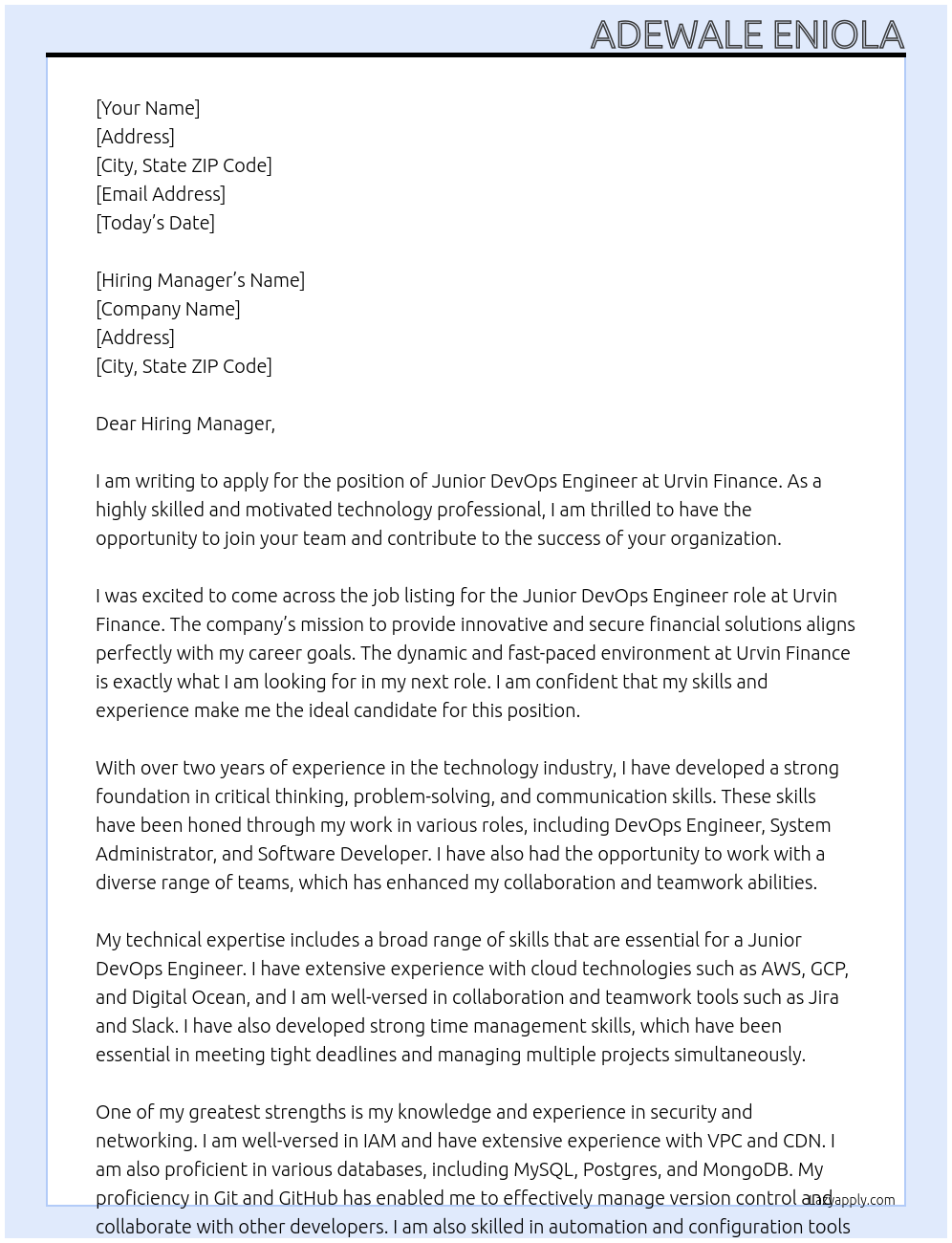 Junior DevOps Engineer At Urvin Finance Cover Letter