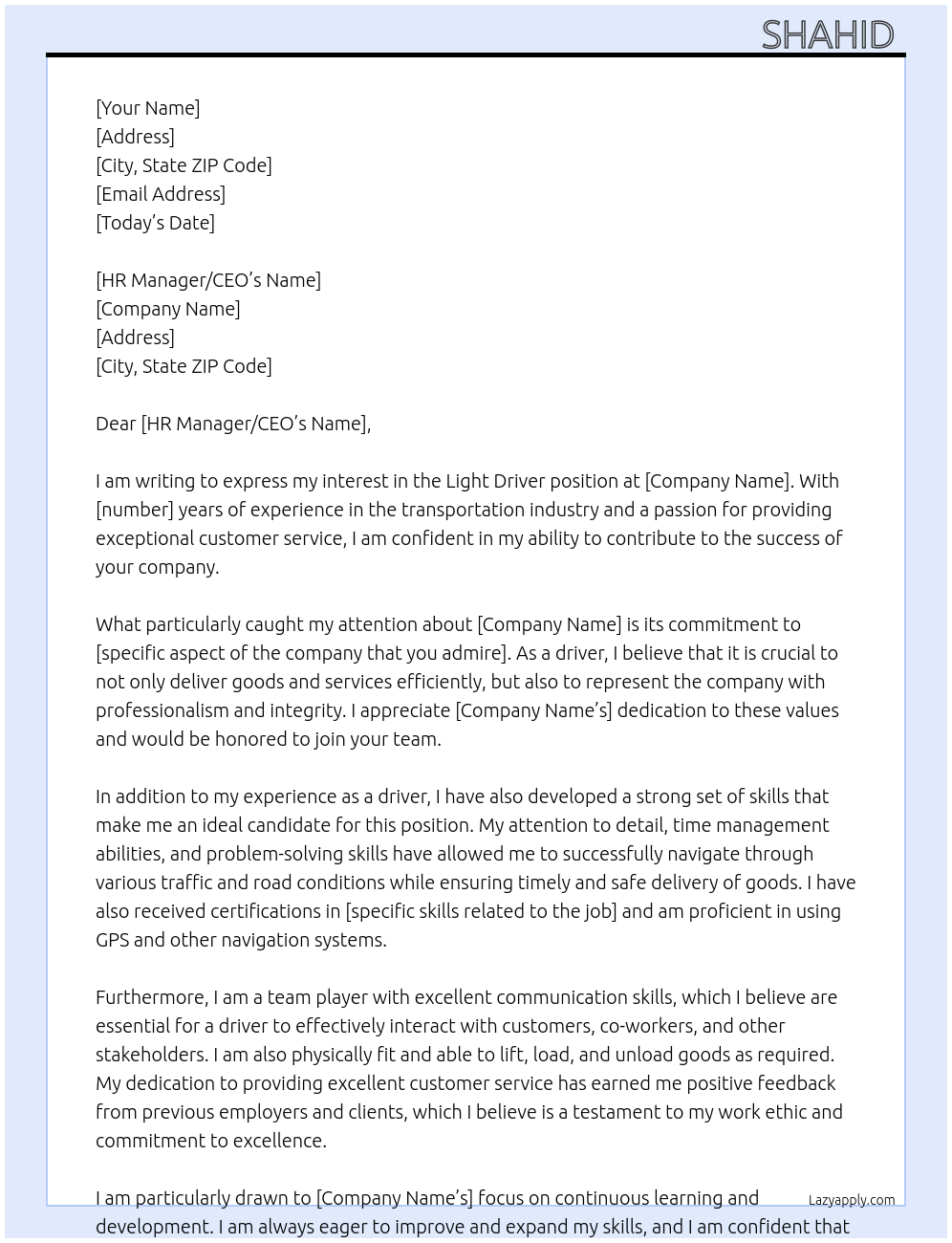 Light driver At Yes Cover Letter