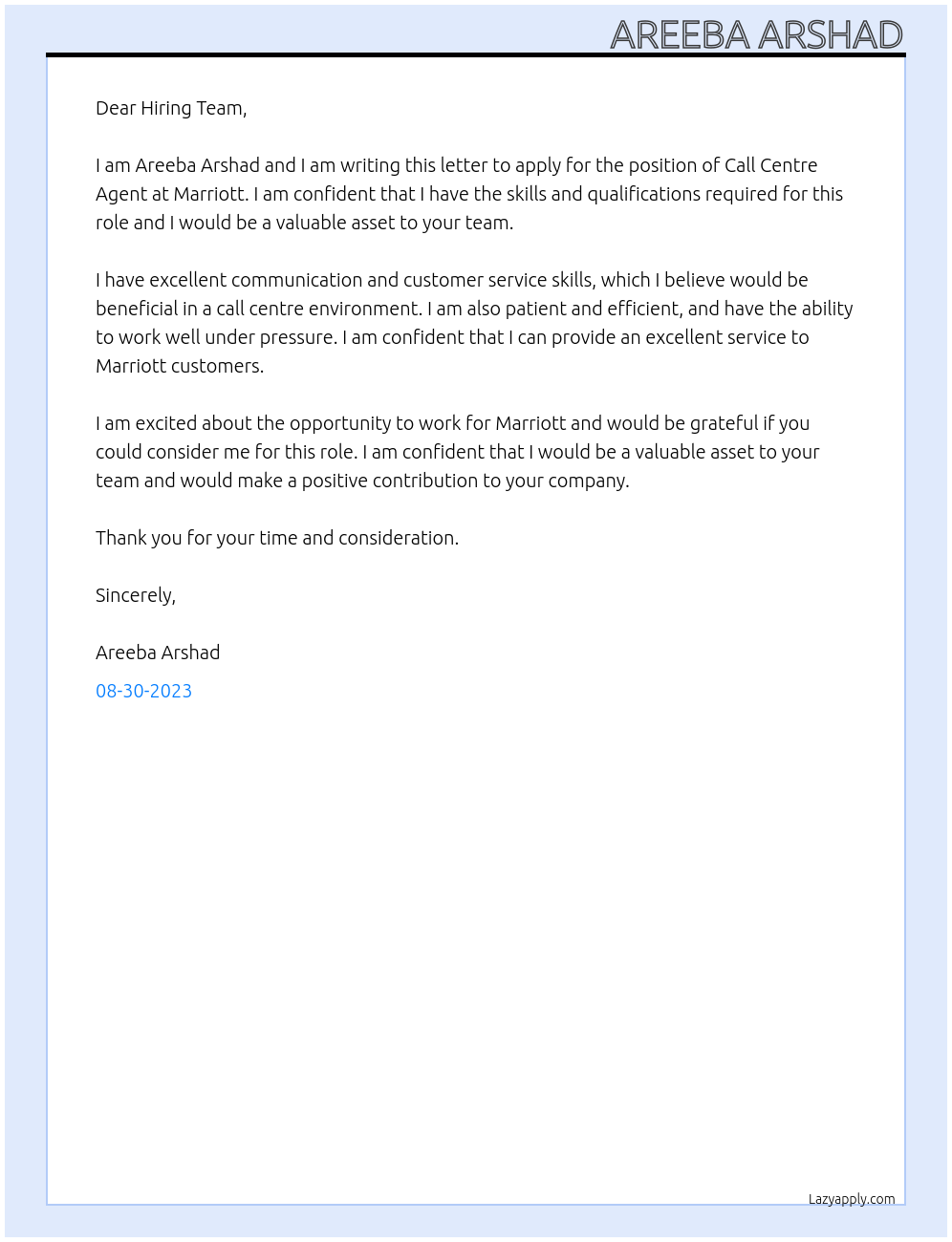 Call centre agent At Marriott Cover Letter