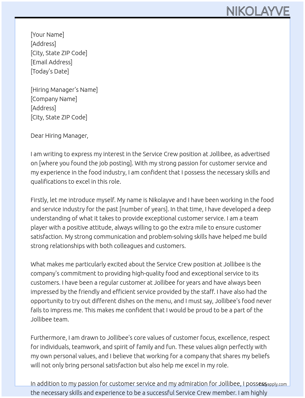 service crew At jollibee Cover Letter