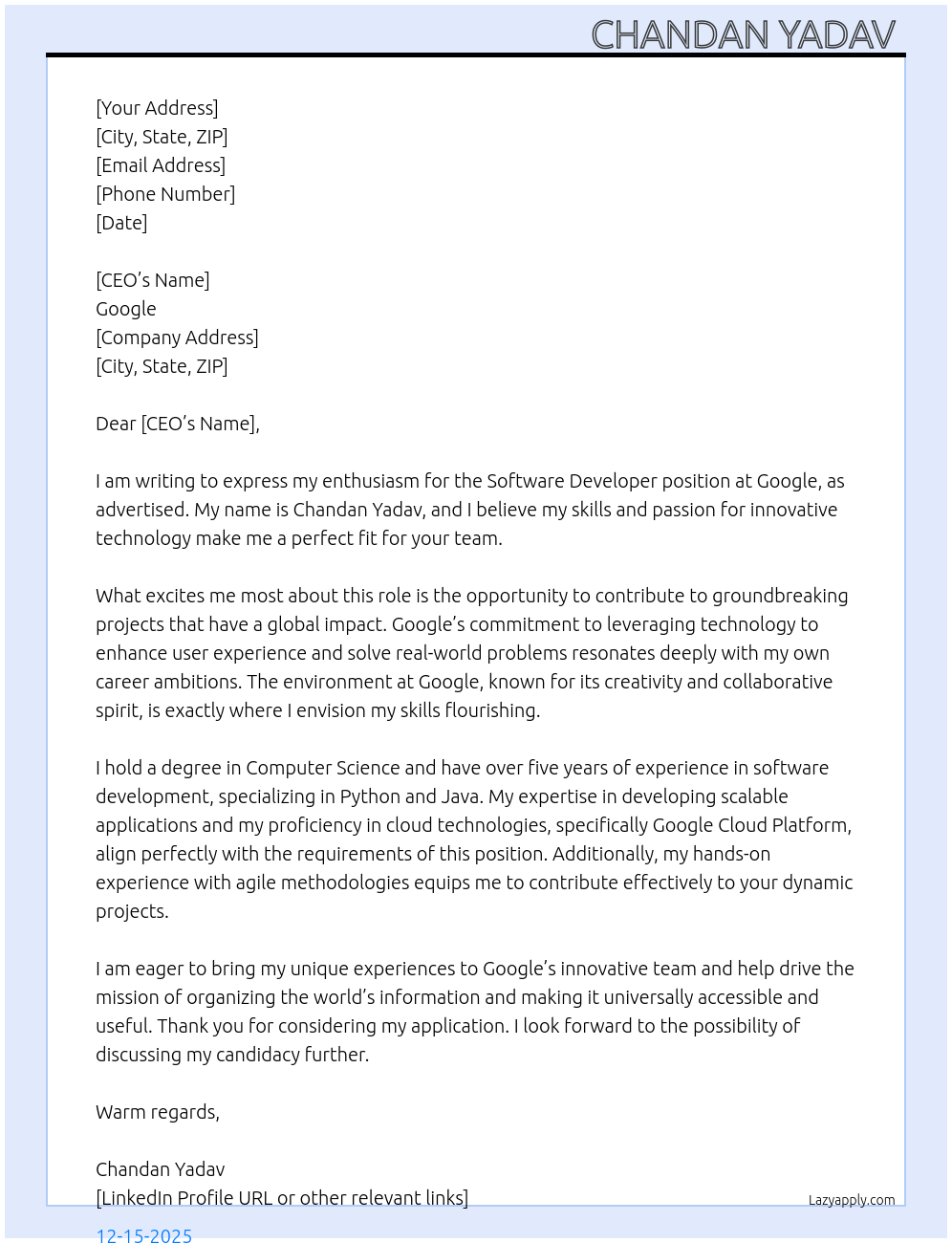 Software developer At Google Cover Letter