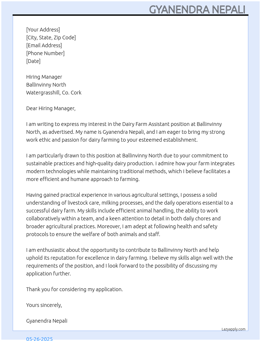 Dairy farm assistant At Ballinvinny North, Watergrasshillco.cork Cover Letter