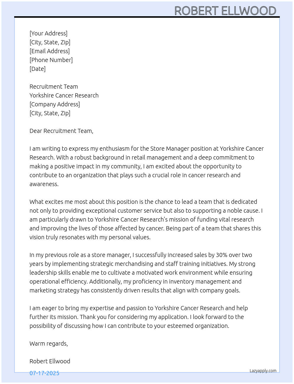 store manager At Yorkshire Cancer Research Cover Letter