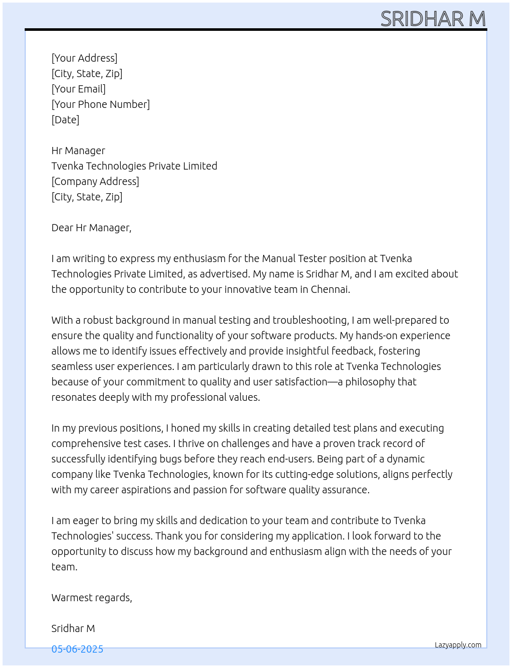 Cover letter for manual tester - LazyApply