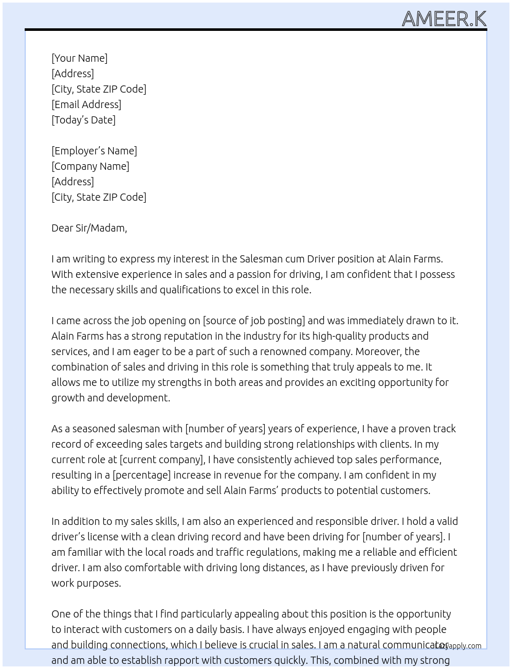 SALESMAN CUM DRIVER At ALAIN FARMS Cover Letter