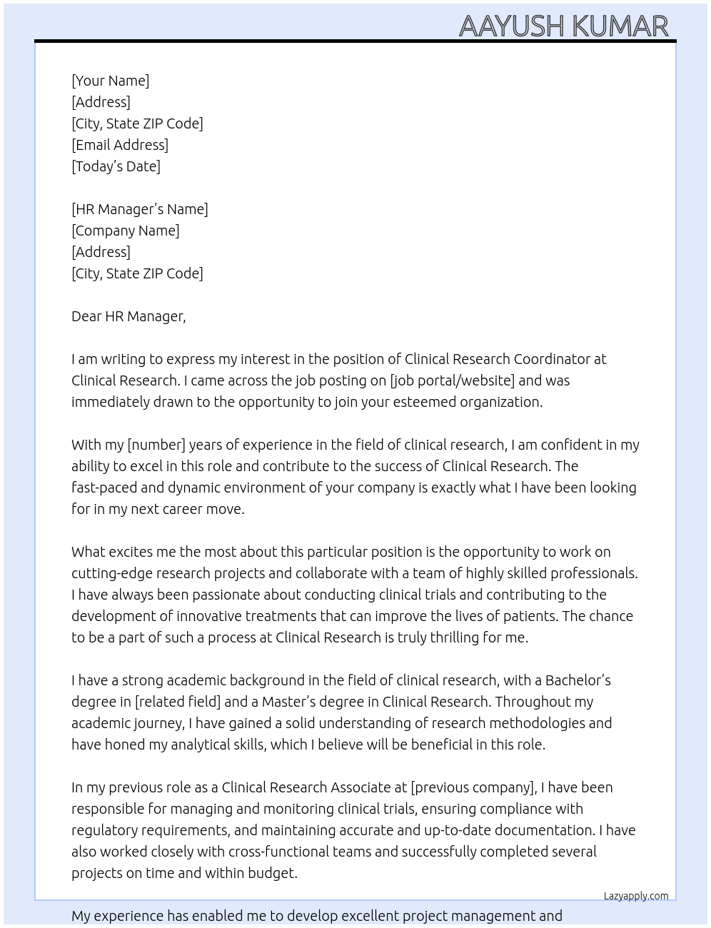 Clinical Research Coordinator At Clinical Research Cover Letter