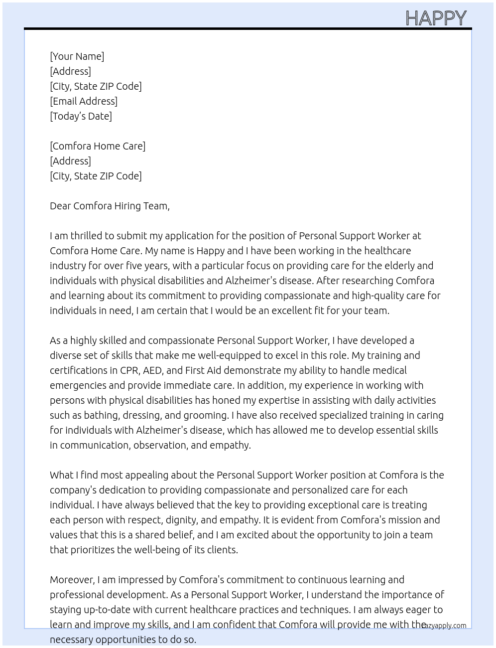 Personal support worker At Comfora Home Care Cover Letter